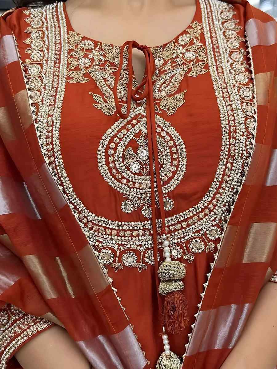 Orange Chanderi Embroidered Party Wedding Ready Anarkali Salwar Kameez