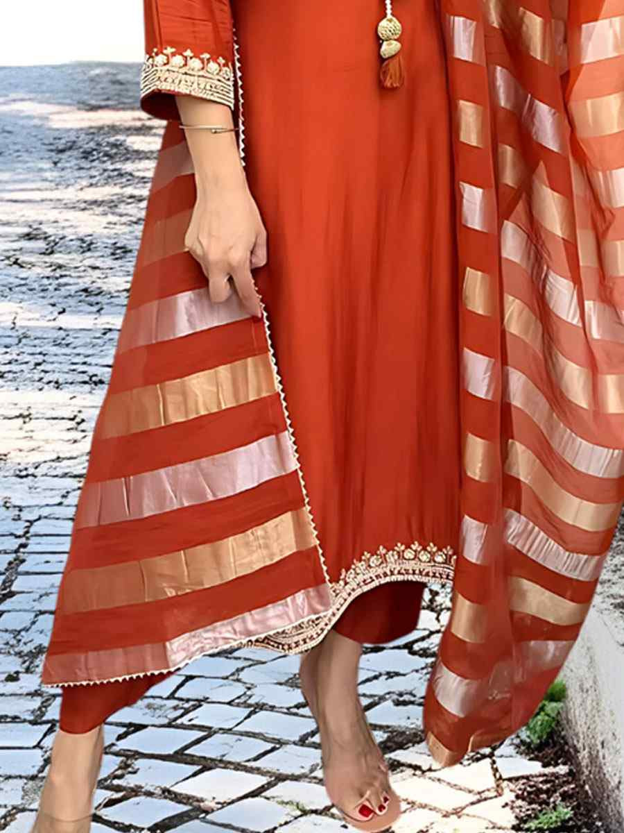 Orange Chanderi Embroidered Party Wedding Ready Anarkali Salwar Kameez