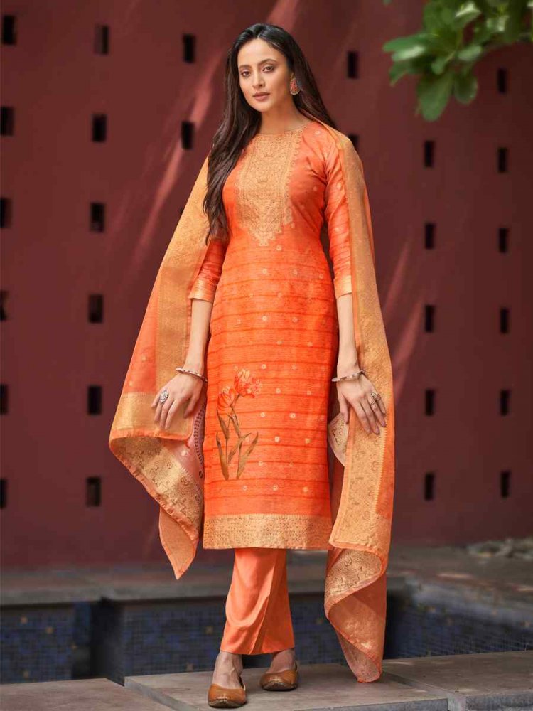 Orange Chanderi Jacquard Embroidered Festival Wedding Anarkali Salwar Kameez