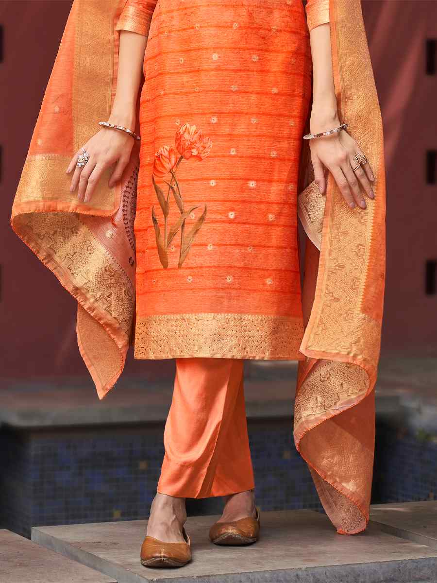 Orange Chanderi Jacquard Embroidered Festival Wedding Anarkali Salwar Kameez