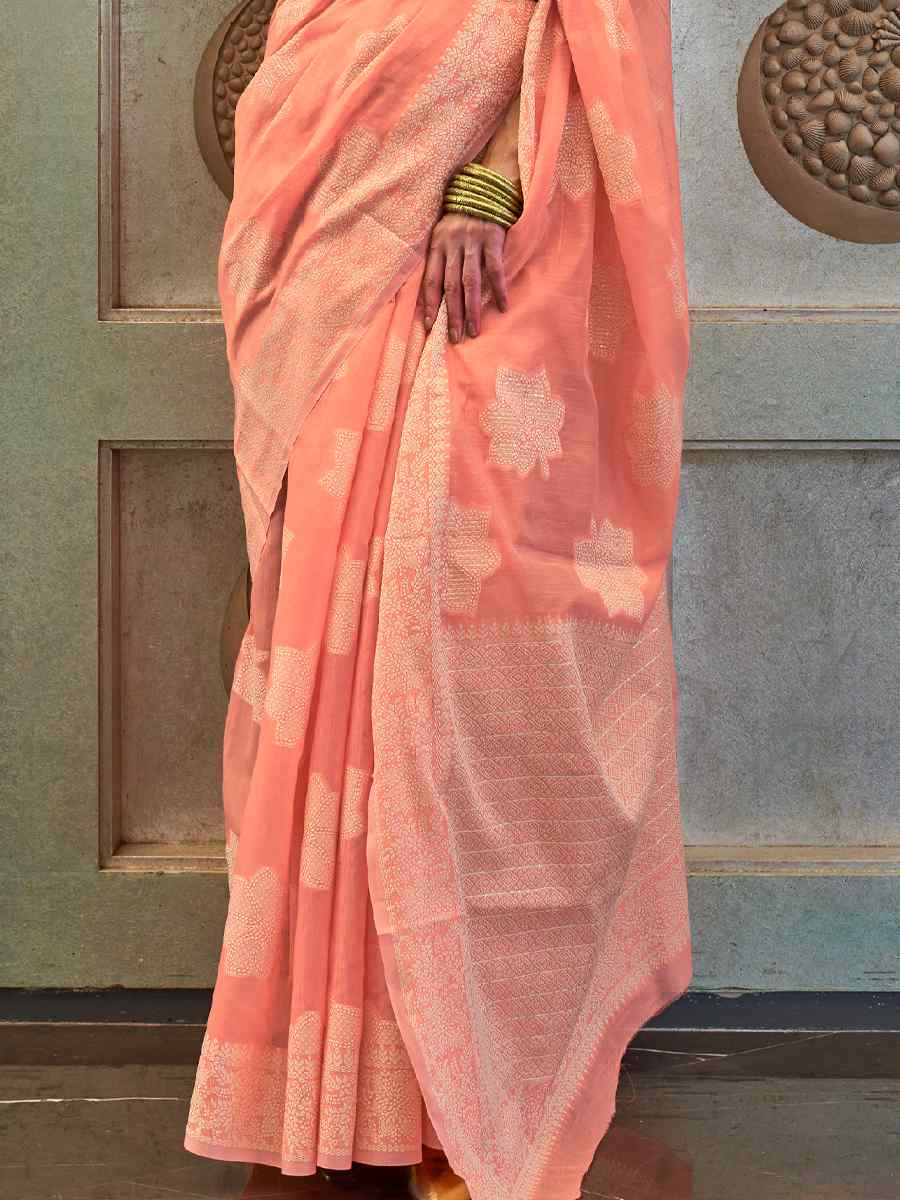 Orange Chickankari Lucknowi Silk Handwoven Party Festival Heavy Border Saree