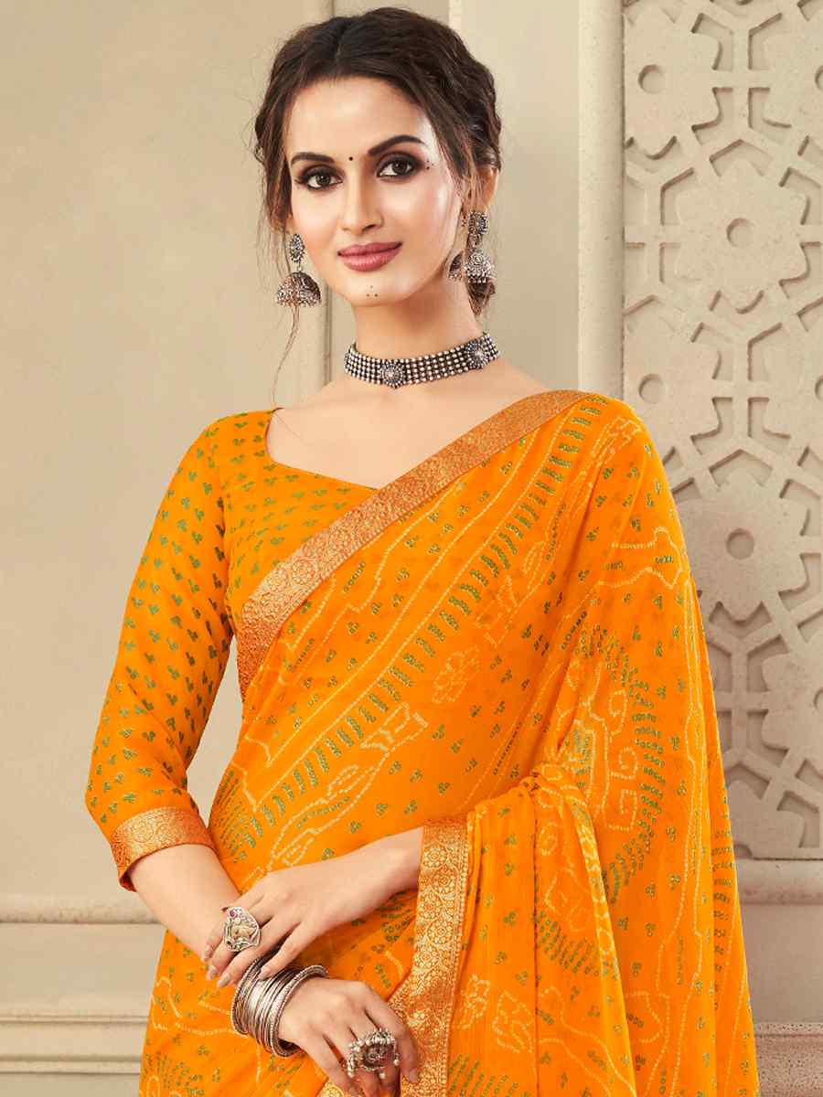 Orange Chiffon Banarasi Bhandej Festival Party Classic Style Saree