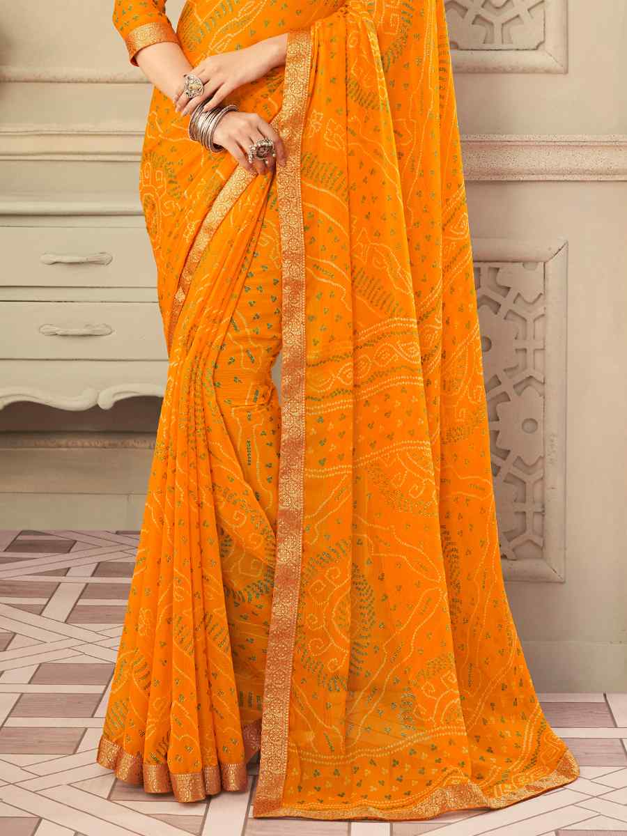 Orange Chiffon Banarasi Bhandej Festival Party Classic Style Saree