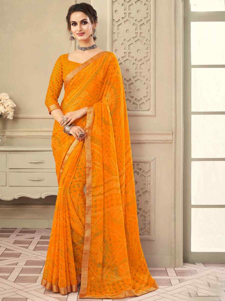 Orange Chiffon Banarasi Bhandej Festival Party Classic Style Saree