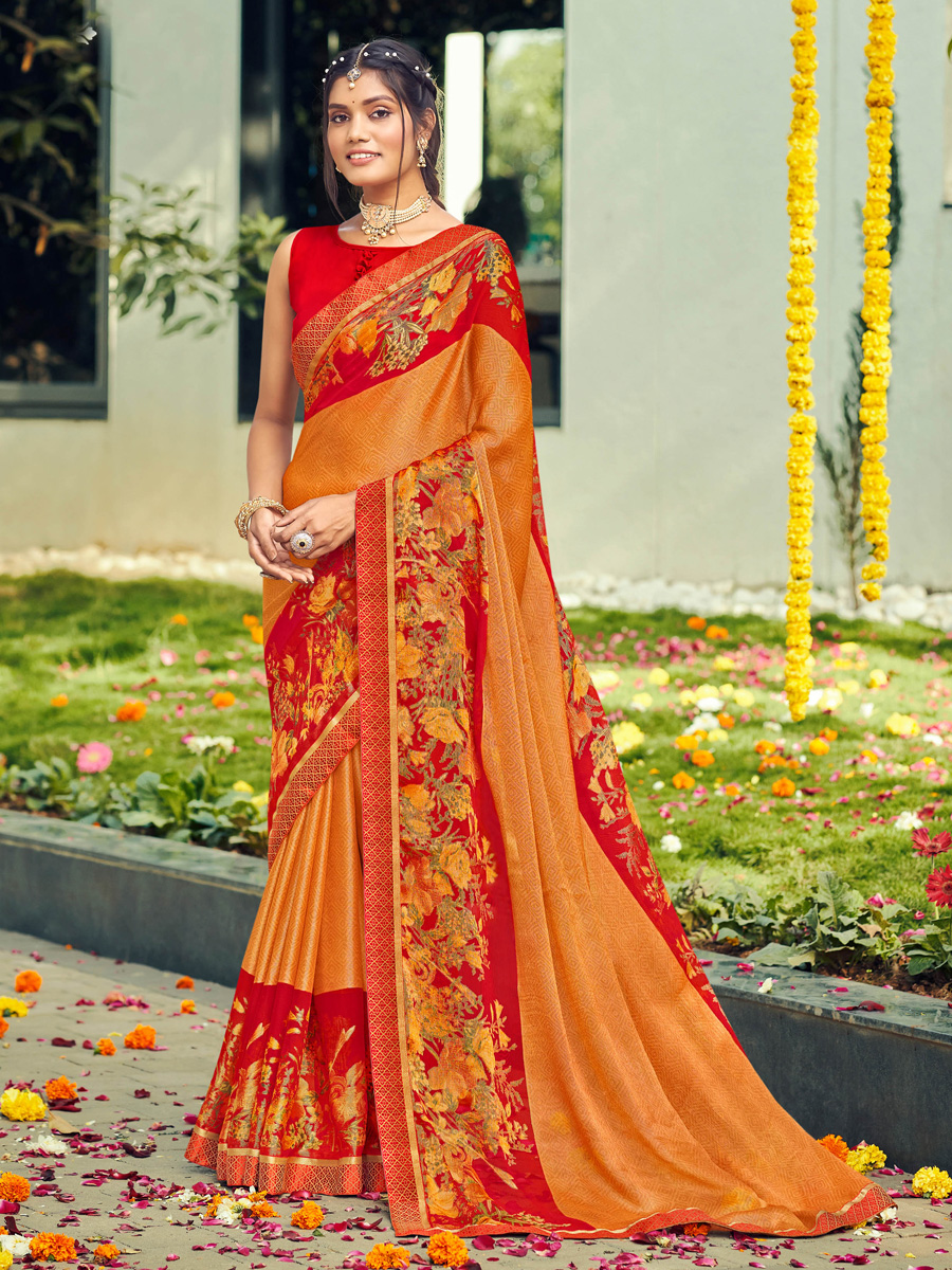 Orange Chiffon Brasso Printed Festival Saree