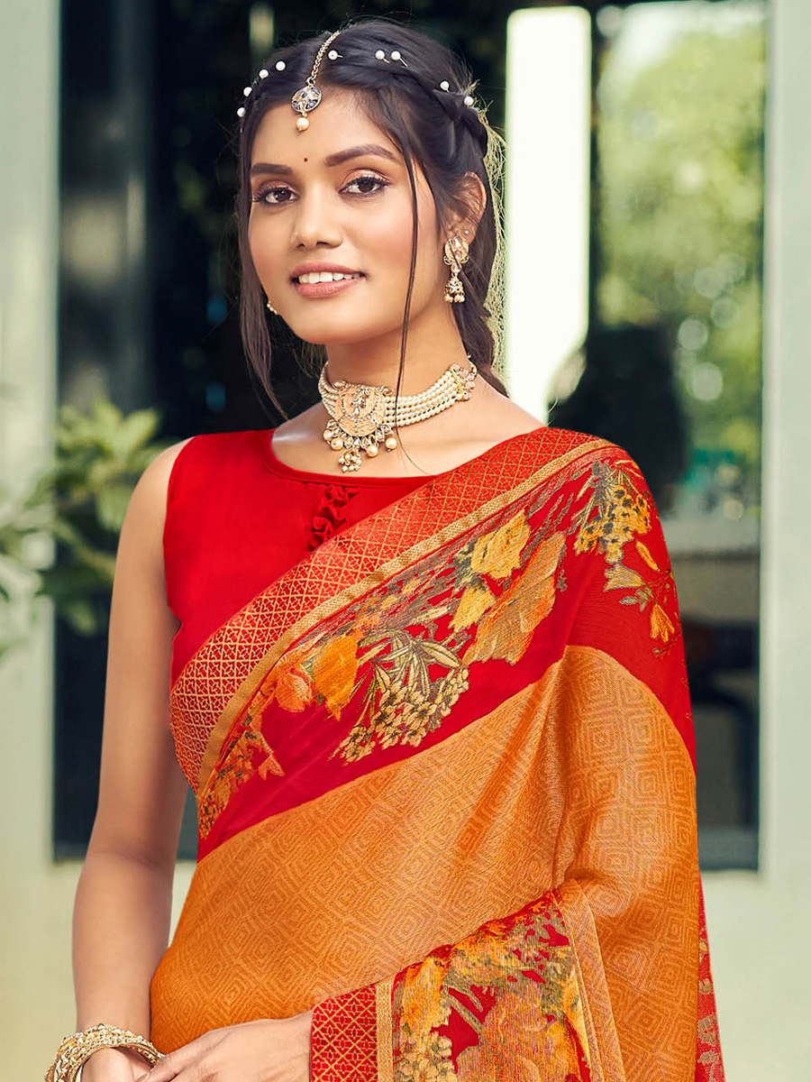 Orange Chiffon Brasso Printed Festival Saree