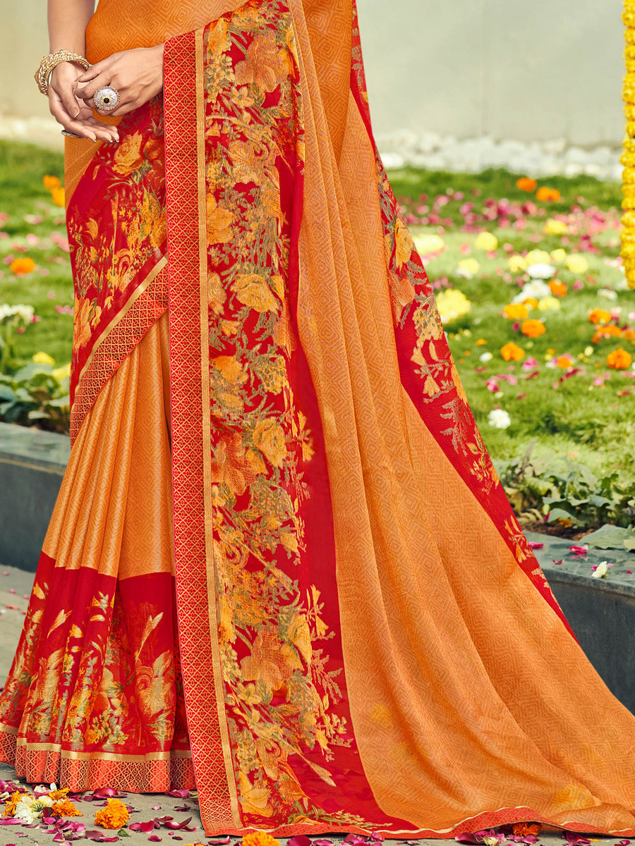 Orange Chiffon Brasso Printed Festival Saree
