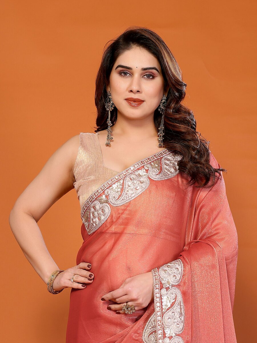 Orange Chiffon Embroidery Wedding Reception Party Festival Heavy Border Sarees