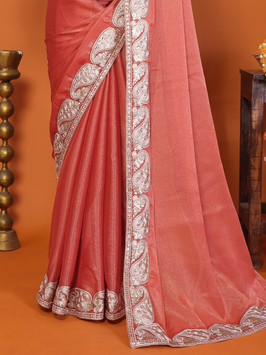 Orange Chiffon Embroidery Wedding Reception Party Festival Heavy Border Sarees