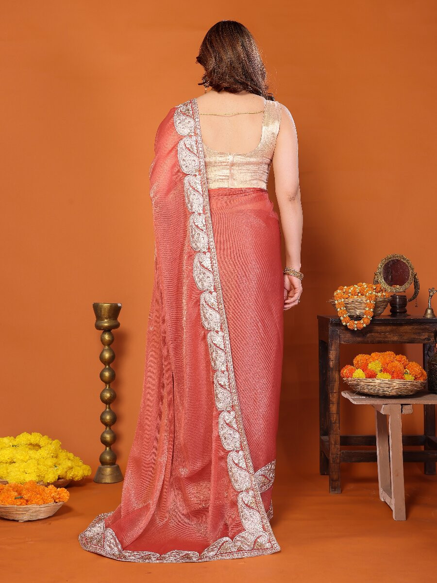 Orange Chiffon Embroidery Wedding Reception Party Festival Heavy Border Sarees