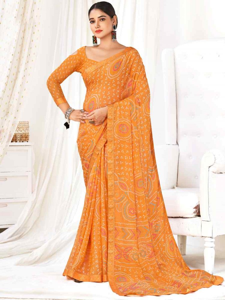 Orange Chiffon Printed Casual Festival Contemporary Saree