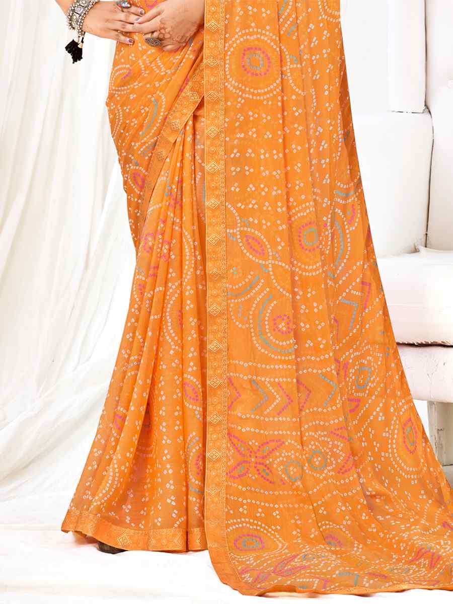 Orange Chiffon Printed Casual Festival Contemporary Saree