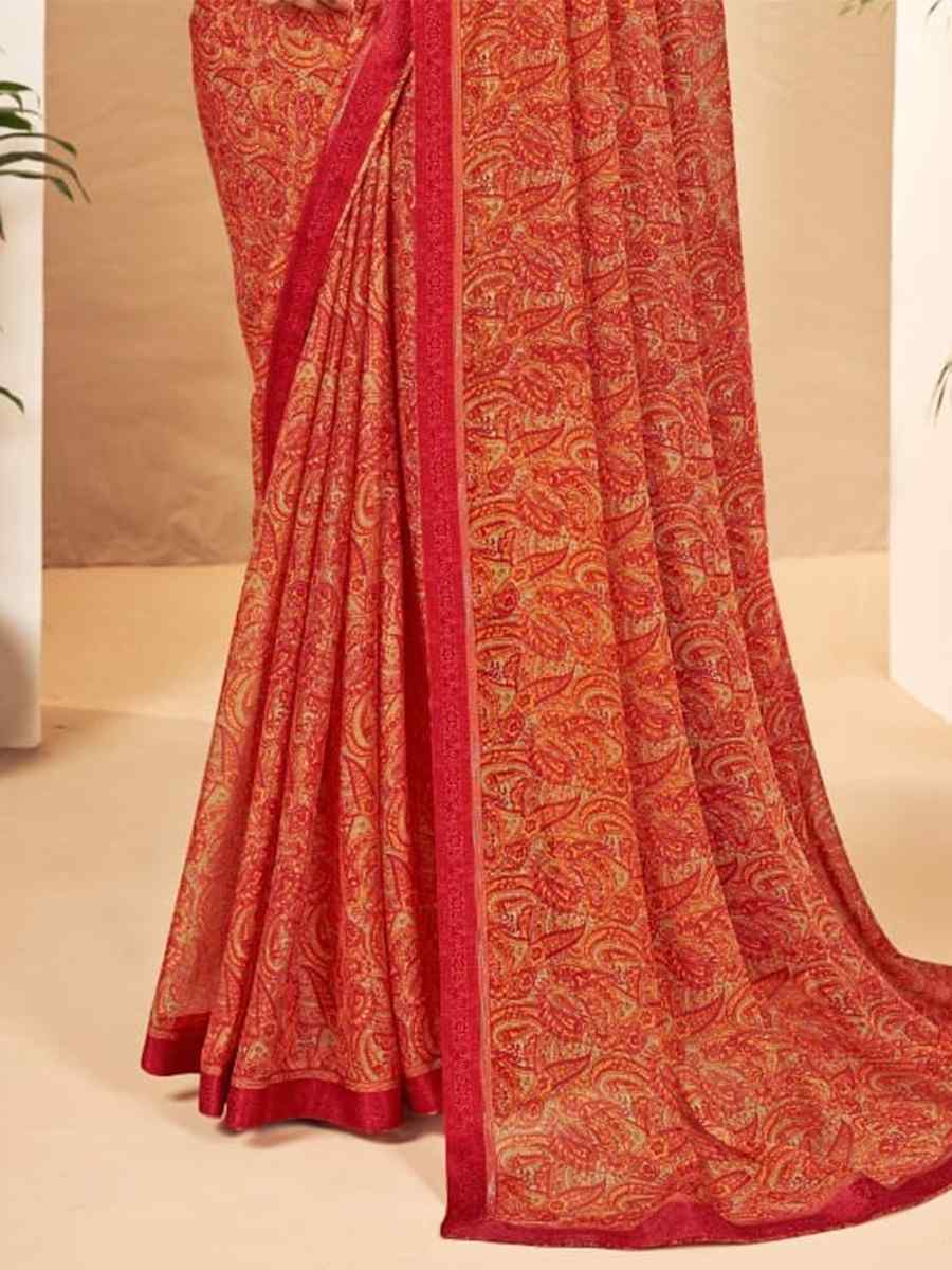 Orange Chiffon Printed Casual Festival Contemporary Saree