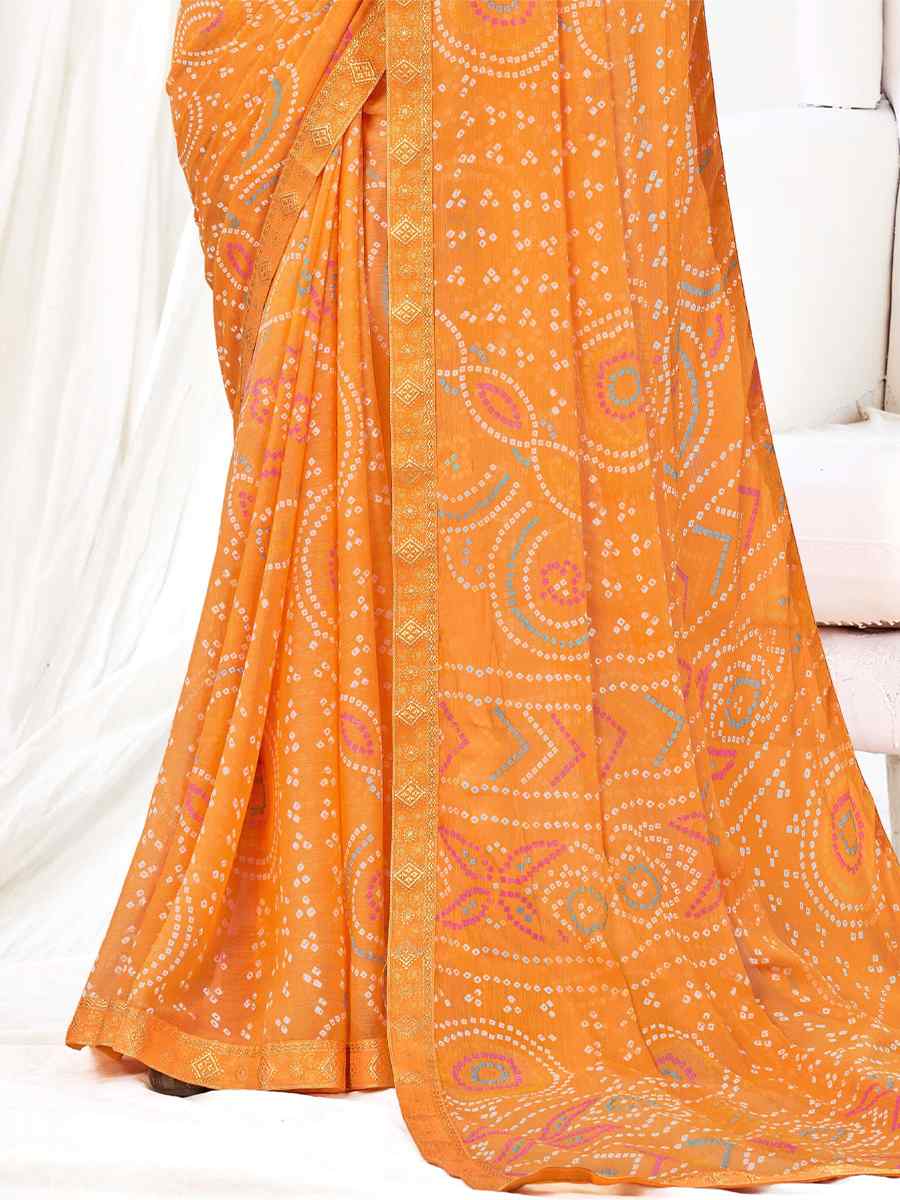 Orange Chiffon Printed Casual Festival Contemporary Saree