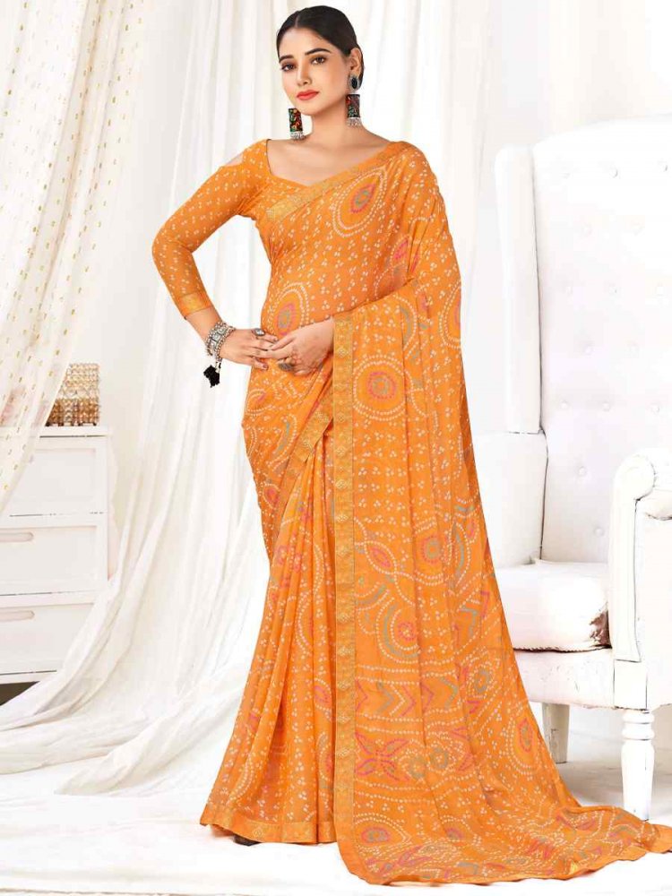 Orange Chiffon Printed Casual Festival Contemporary Saree