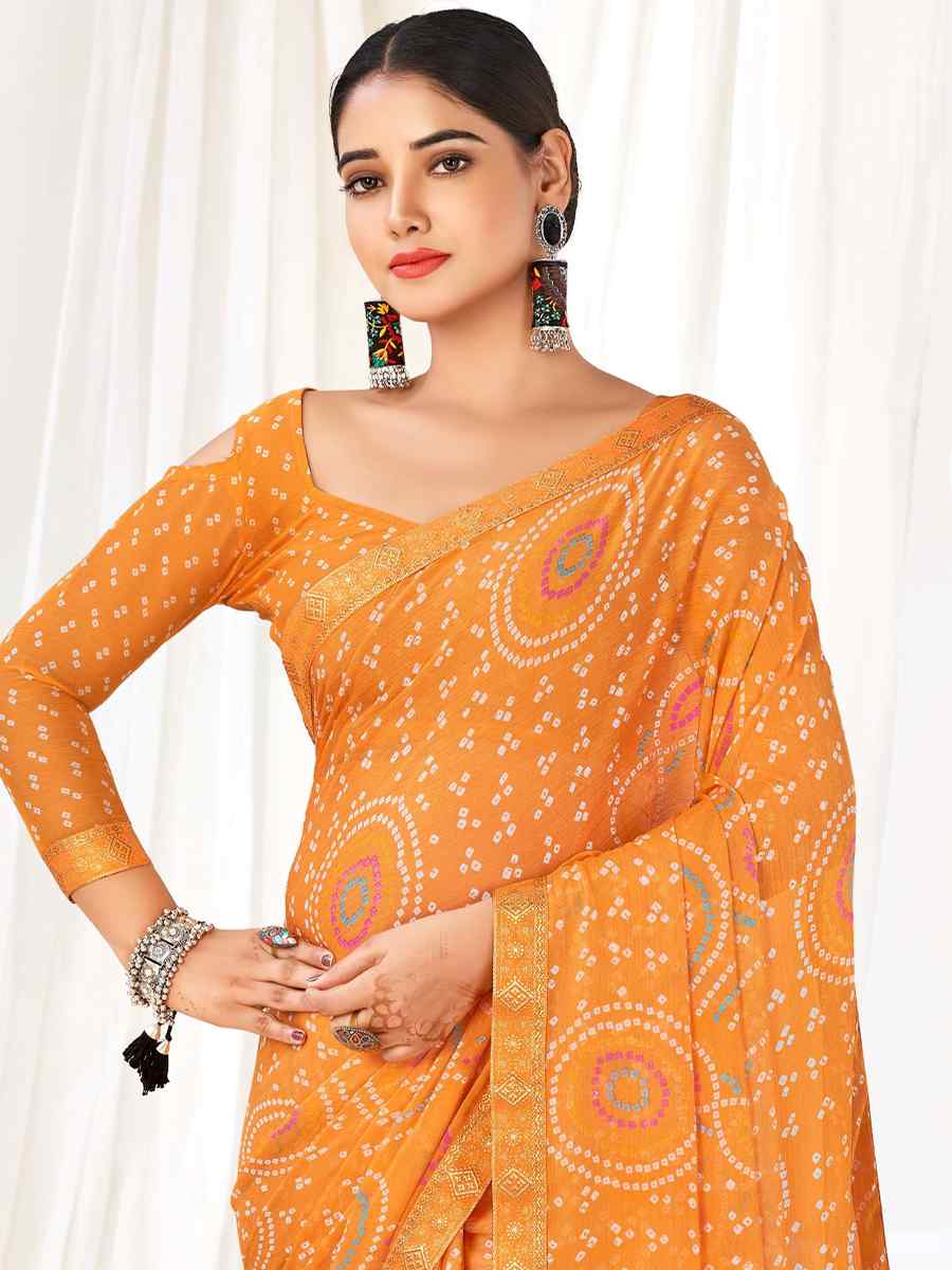 Orange Chiffon Printed Casual Festival Contemporary Saree