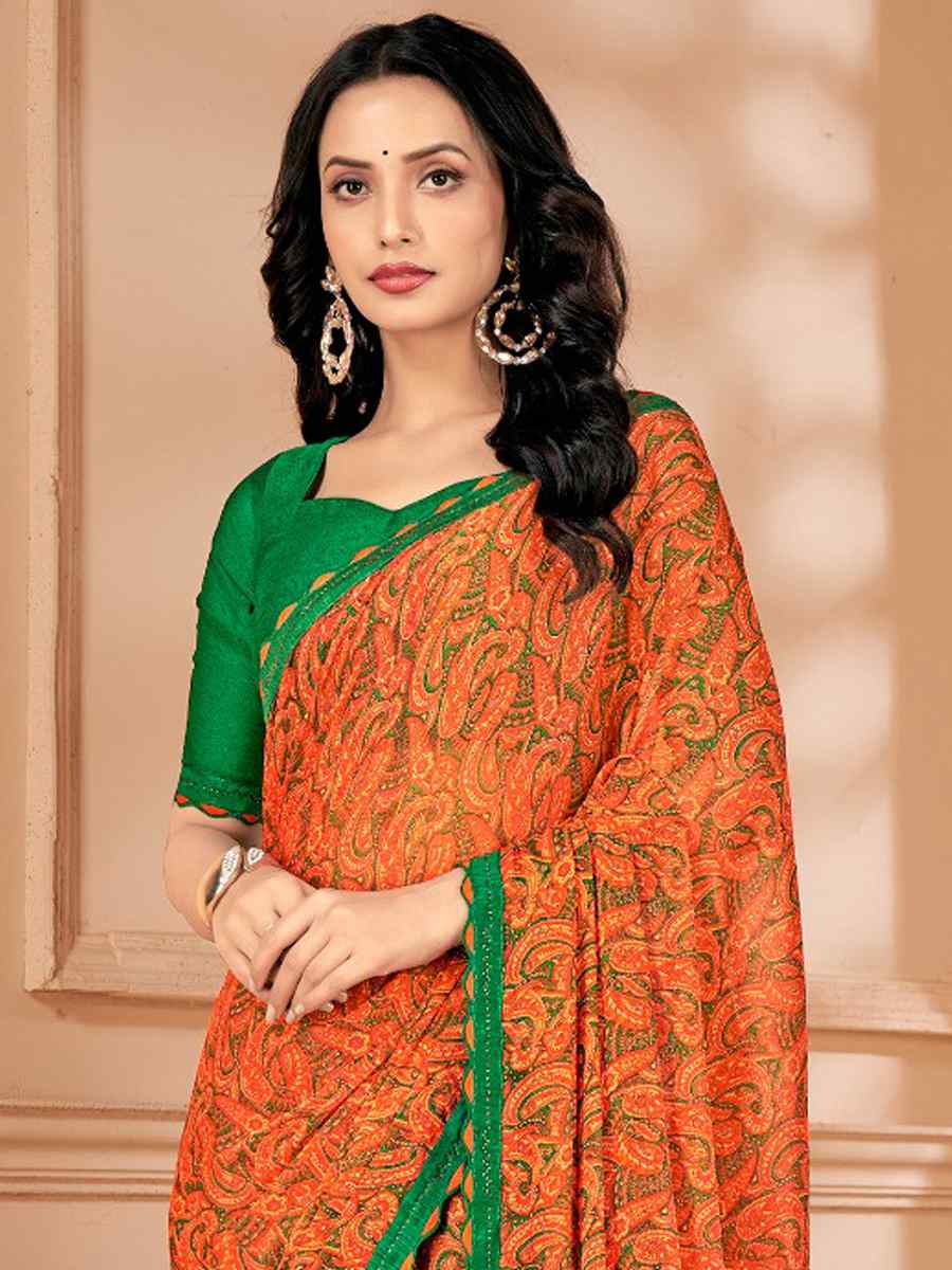 Orange Chiffon Printed Festival Casual Contemporary Saree
