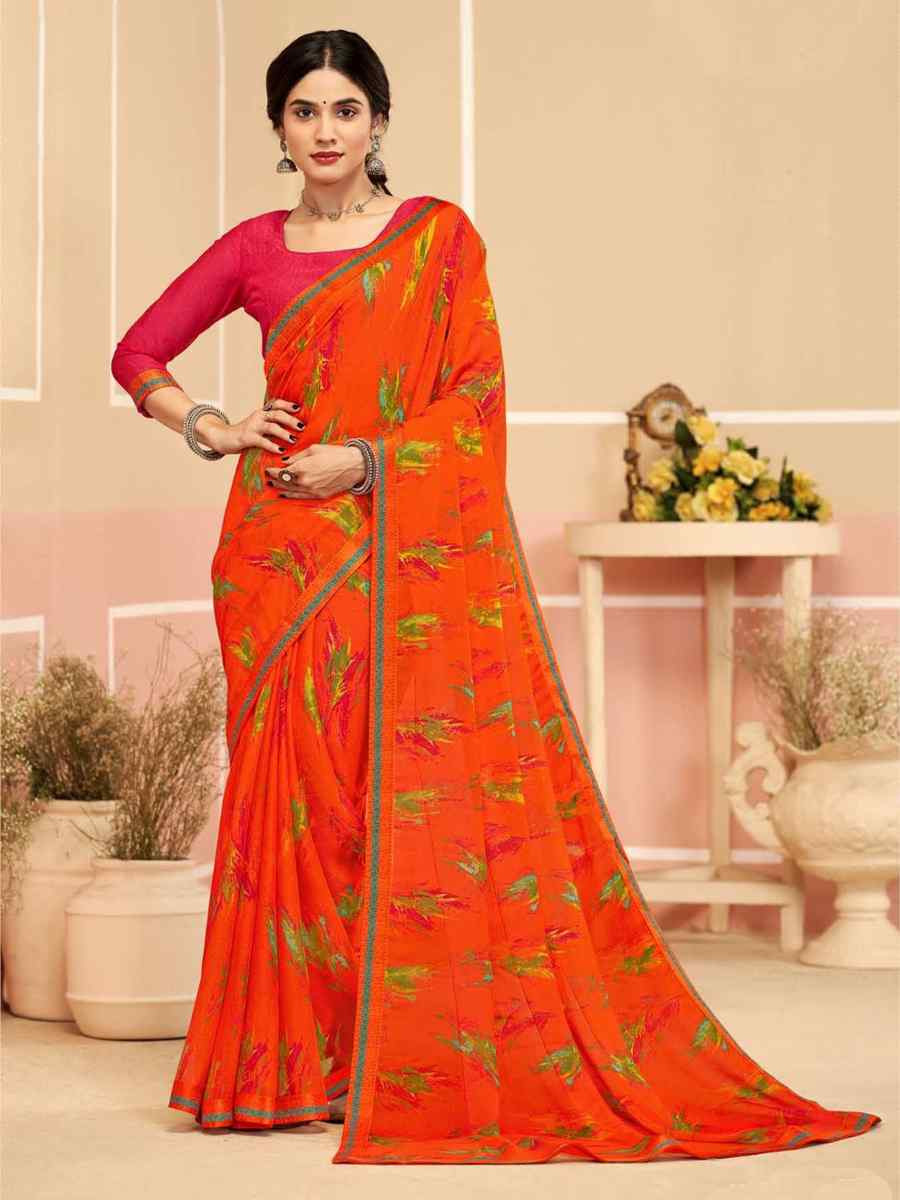 Orange Chiffon Printed Festival Wedding Fancy Classic Style Sarees