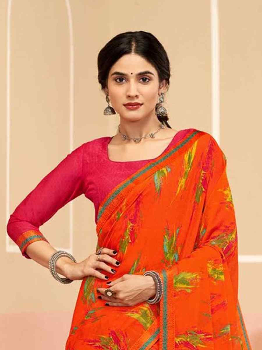 Orange Chiffon Printed Festival Wedding Fancy Classic Style Sarees
