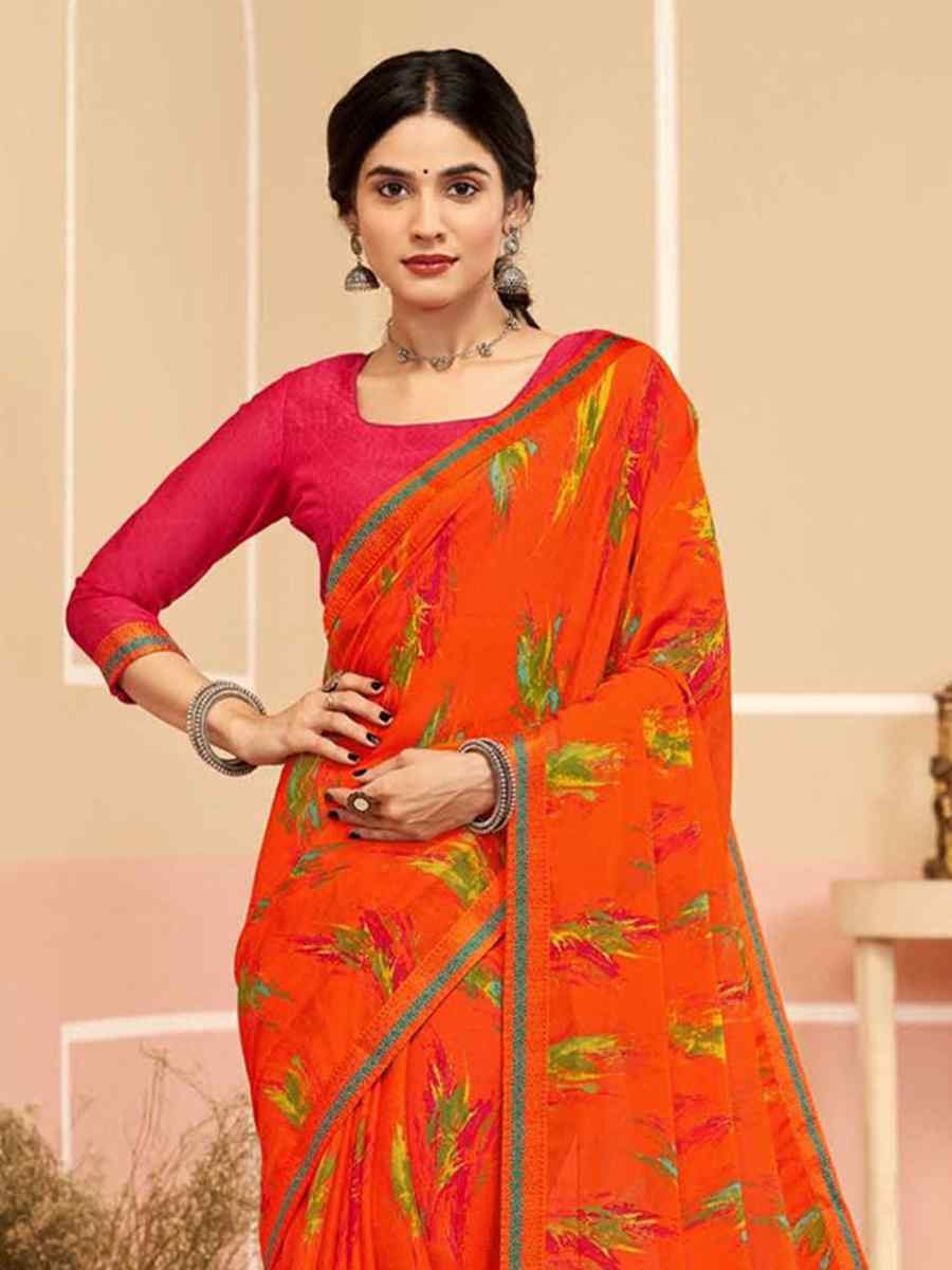 Orange Chiffon Printed Festival Wedding Fancy Classic Style Sarees