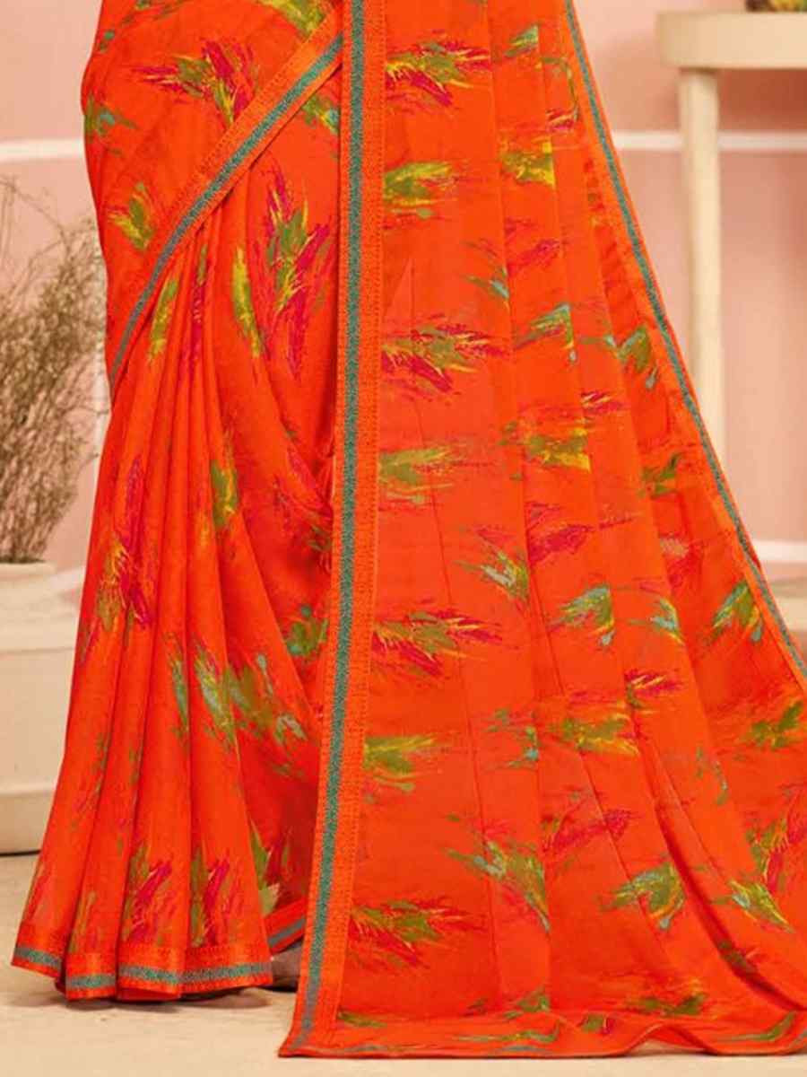 Orange Chiffon Printed Festival Wedding Fancy Classic Style Sarees