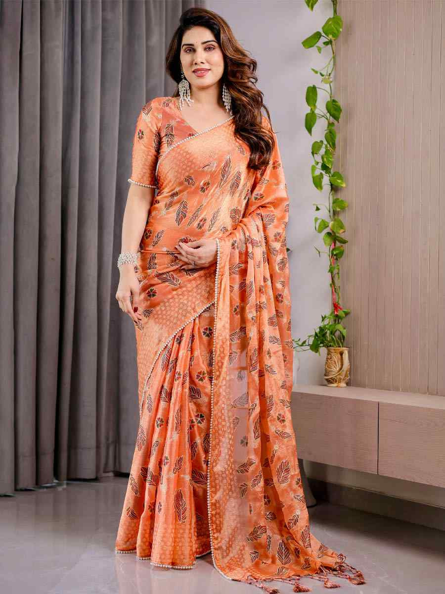 Orange Chiffon Printed Festival Wedding Fancy Heavy Border Saree
