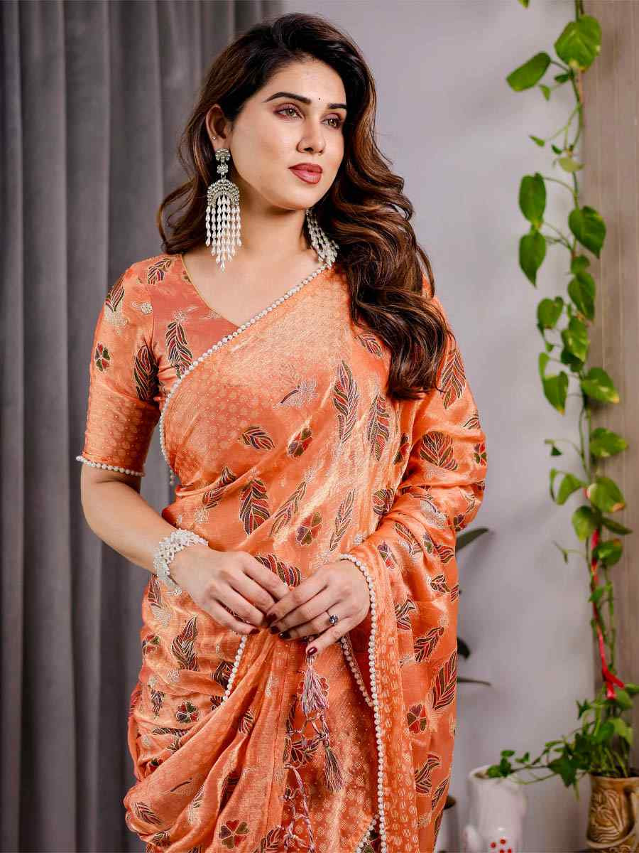 Orange Chiffon Printed Festival Wedding Fancy Heavy Border Saree
