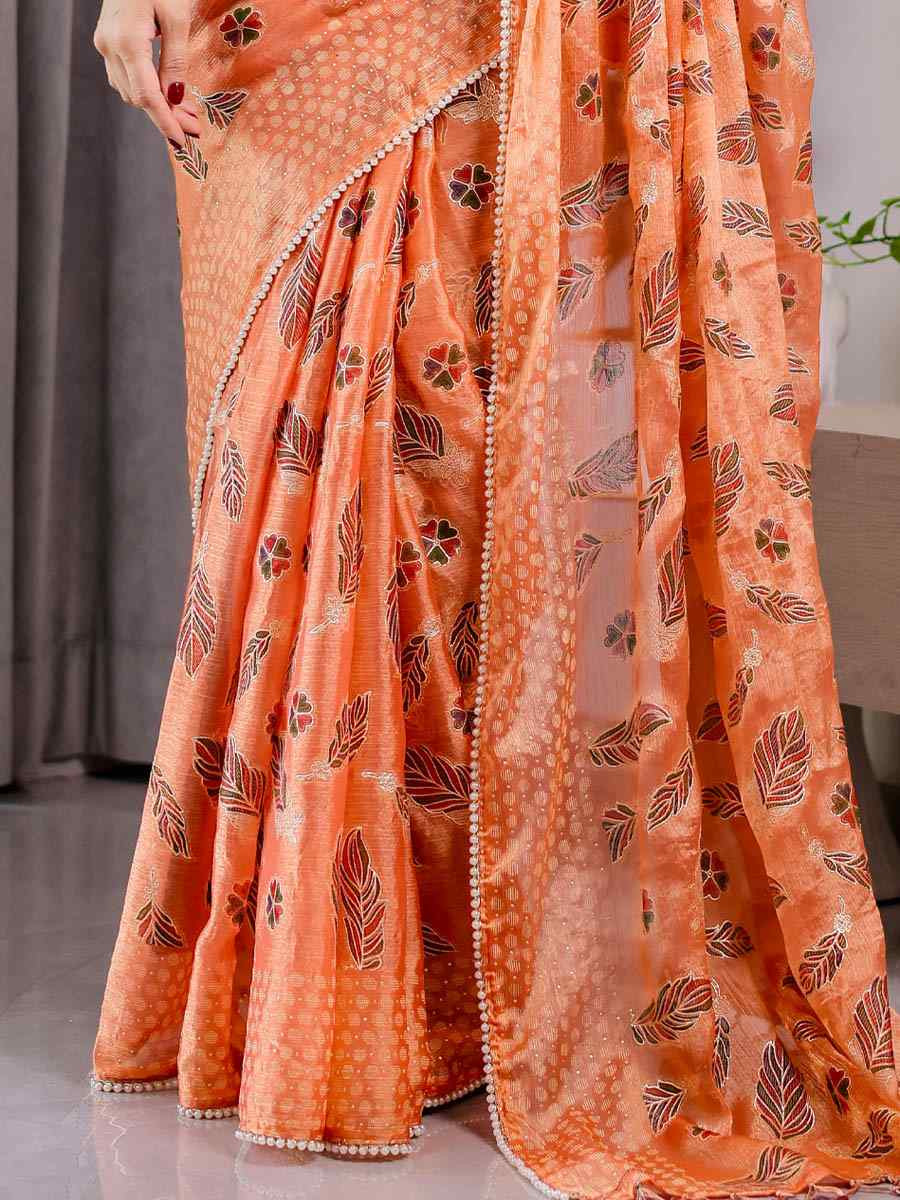 Orange Chiffon Printed Festival Wedding Fancy Heavy Border Saree