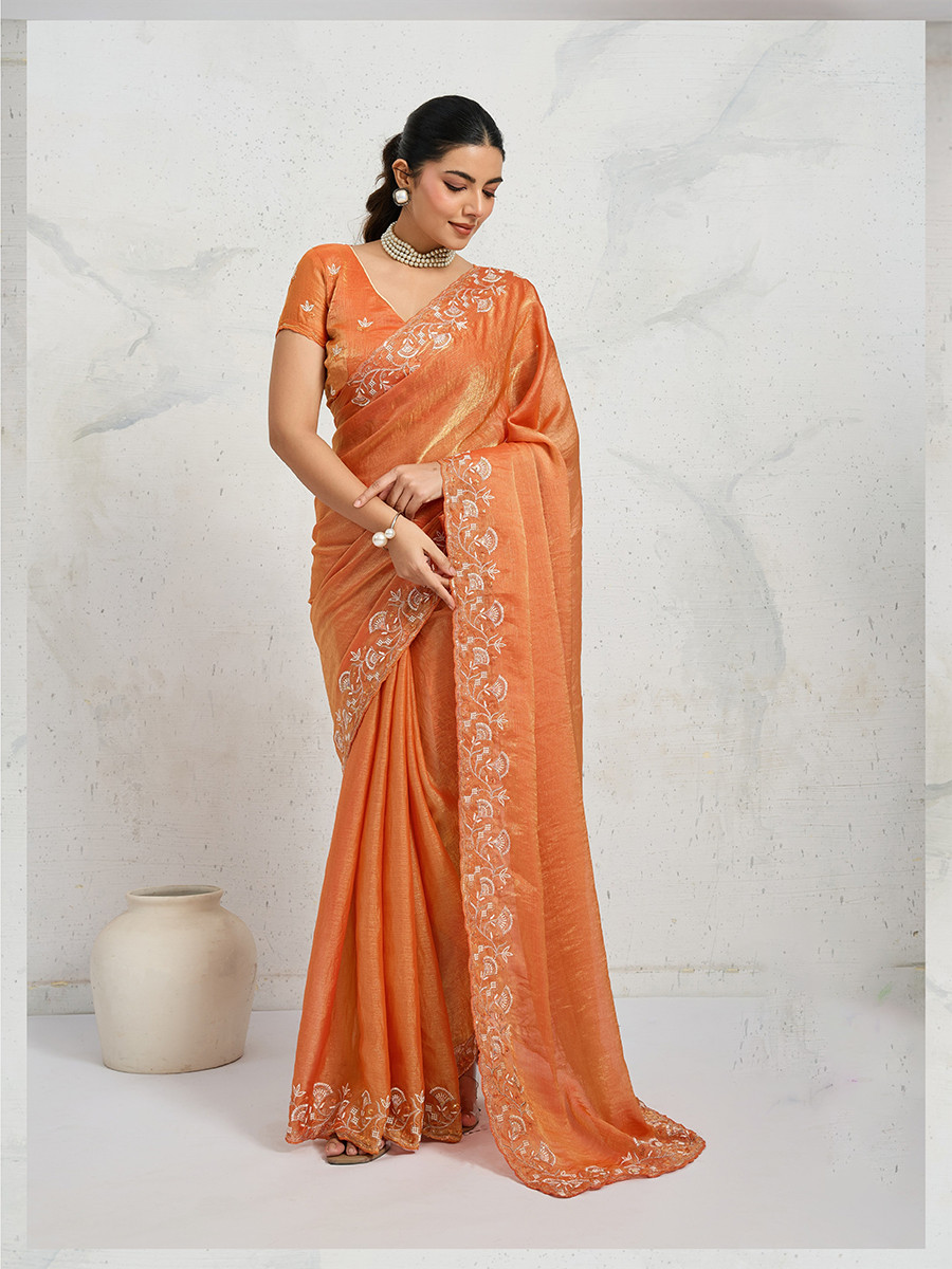 Orange Chiffon Velvet Zari Sequins Embroidery Reception Festival Wedding Party Fancy Heavy Border Sarees