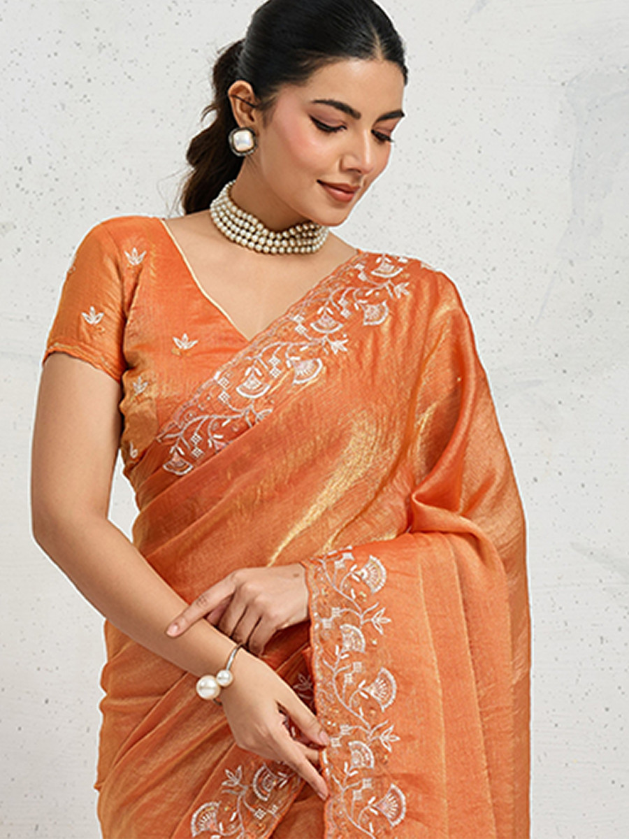 Orange Chiffon Velvet Zari Sequins Embroidery Reception Festival Wedding Party Fancy Heavy Border Sarees