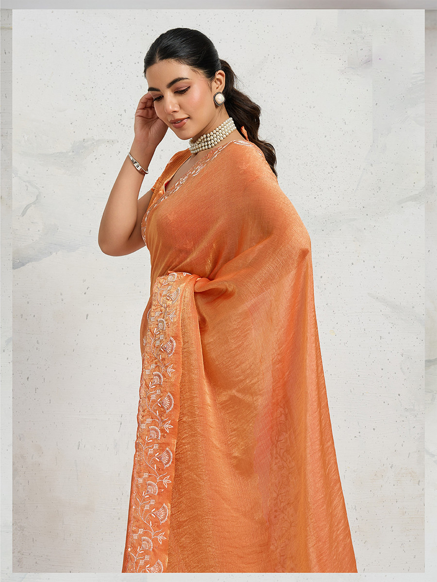 Orange Chiffon Velvet Zari Sequins Embroidery Reception Festival Wedding Party Fancy Heavy Border Sarees