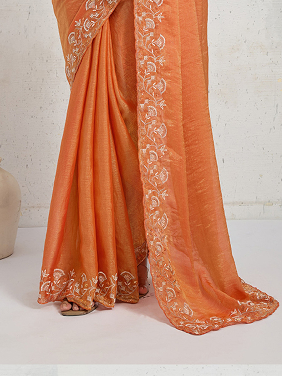 Orange Chiffon Velvet Zari Sequins Embroidery Reception Festival Wedding Party Fancy Heavy Border Sarees