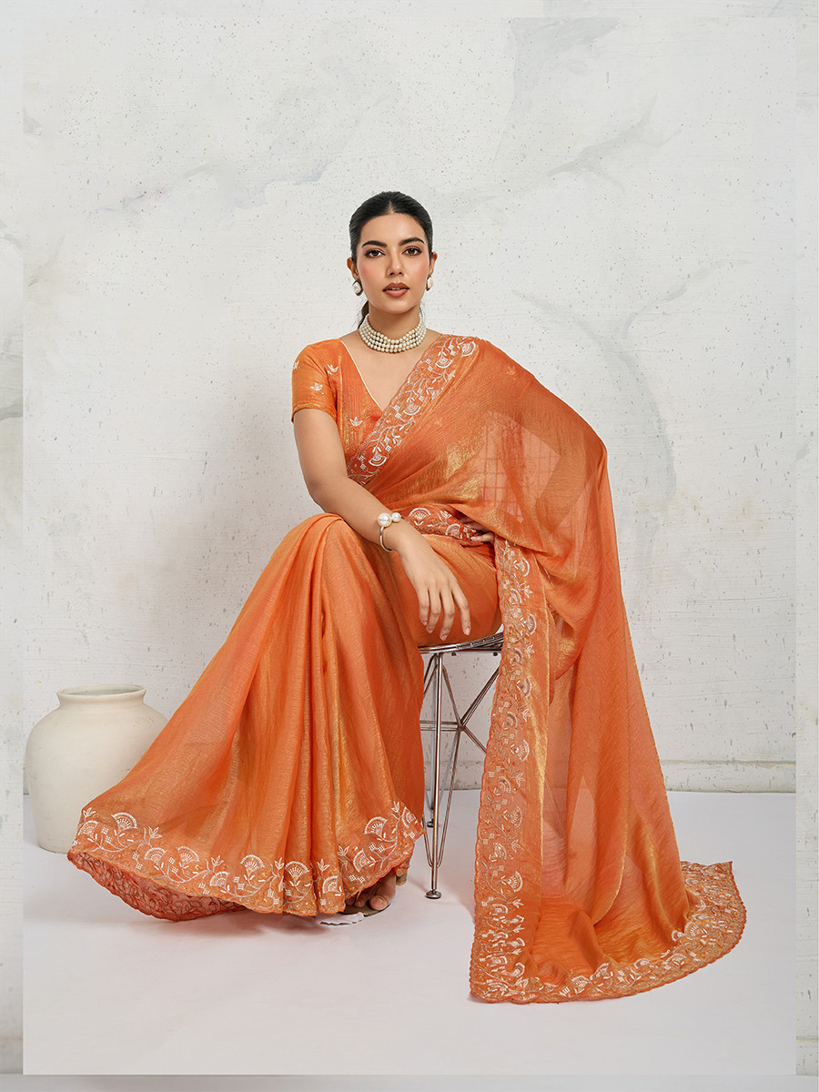 Orange Chiffon Velvet Zari Sequins Embroidery Reception Festival Wedding Party Fancy Heavy Border Sarees