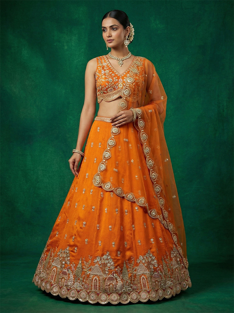 Image of Orange Chinnon Embroidery Zari Sequins Wedding Reception Party Wear Festival Heavy Border Lehenga Choli