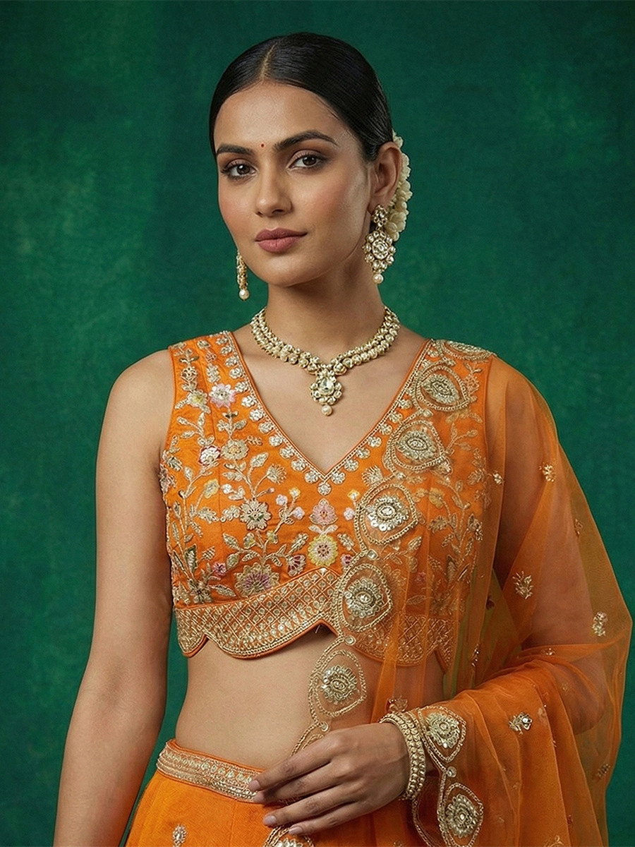 Orange Chinnon Embroidery Zari Sequins Wedding Reception Party Wear Festival Heavy Border Lehenga Choli