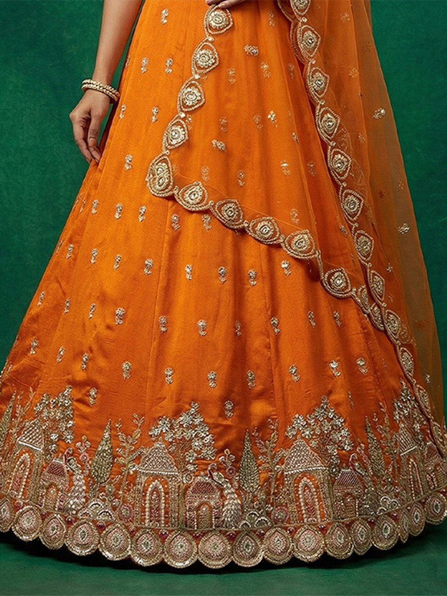 Orange Chinnon Embroidery Zari Sequins Wedding Reception Party Wear Festival Heavy Border Lehenga Choli