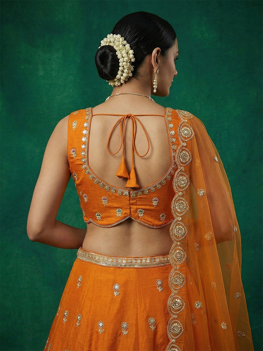 Orange Chinnon Embroidery Zari Sequins Wedding Reception Party Wear Festival Heavy Border Lehenga Choli