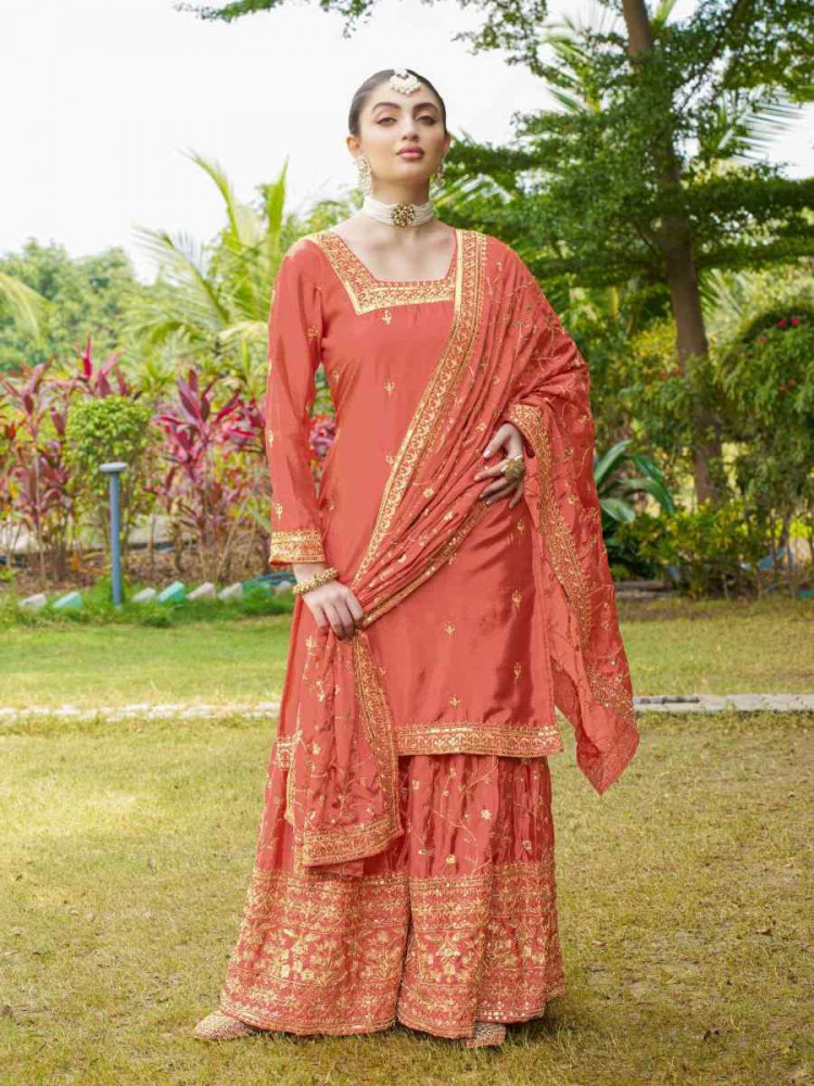 Orange Chinon Embroidered Party Casual Ready Palazzo Pant Salwar Kameez