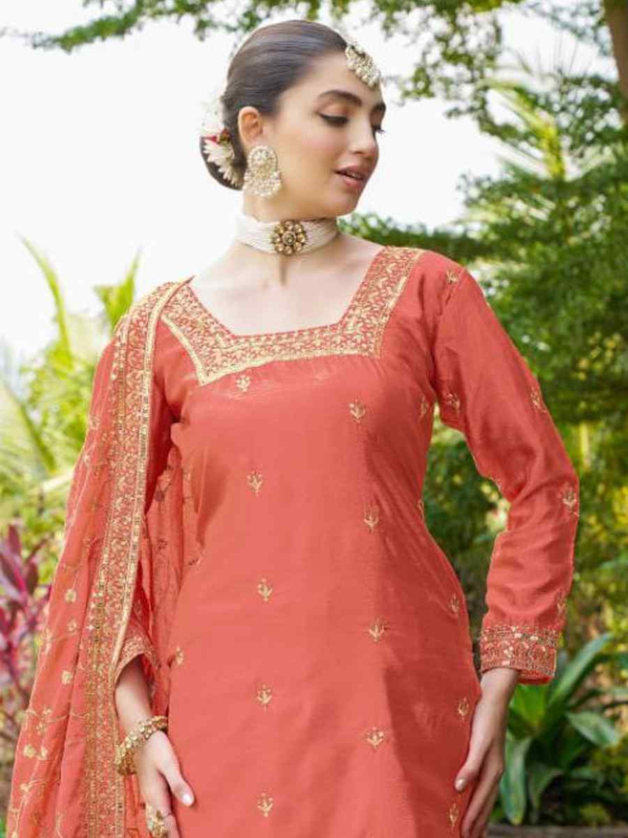 Orange Chinon Embroidered Party Casual Ready Palazzo Pant Salwar Kameez