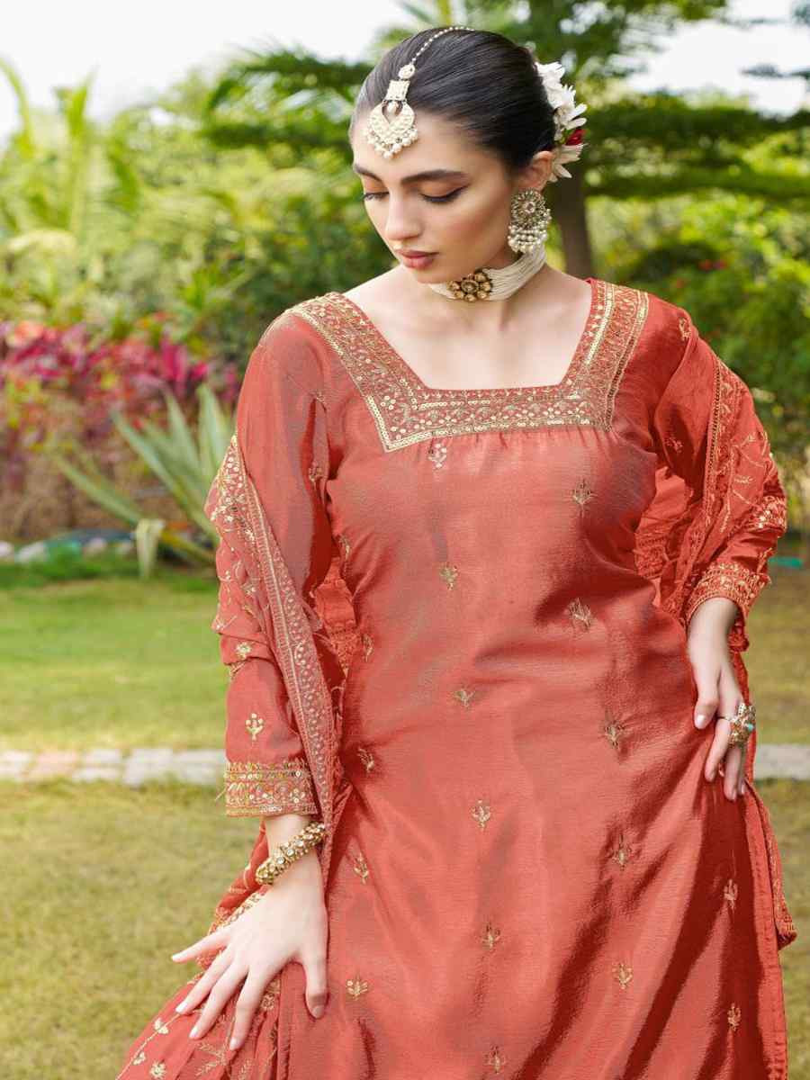 Orange Chinon Embroidered Party Casual Ready Palazzo Pant Salwar Kameez