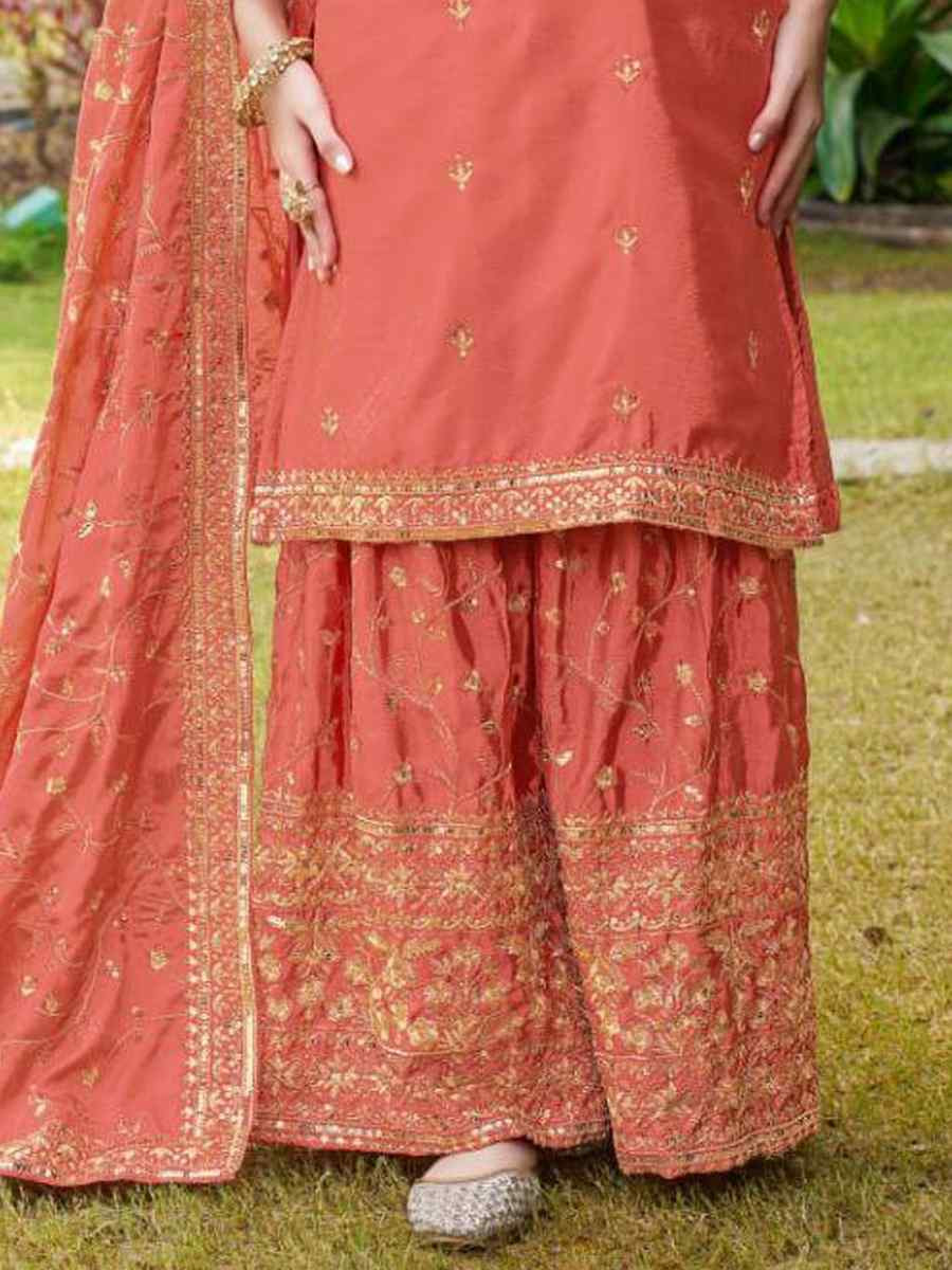 Orange Chinon Embroidered Party Casual Ready Palazzo Pant Salwar Kameez