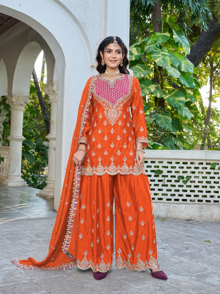 Orange Chinon Embroidery Sequins Wedding Party Festival Casual Ready Palazzo Pant Salwar Kameez