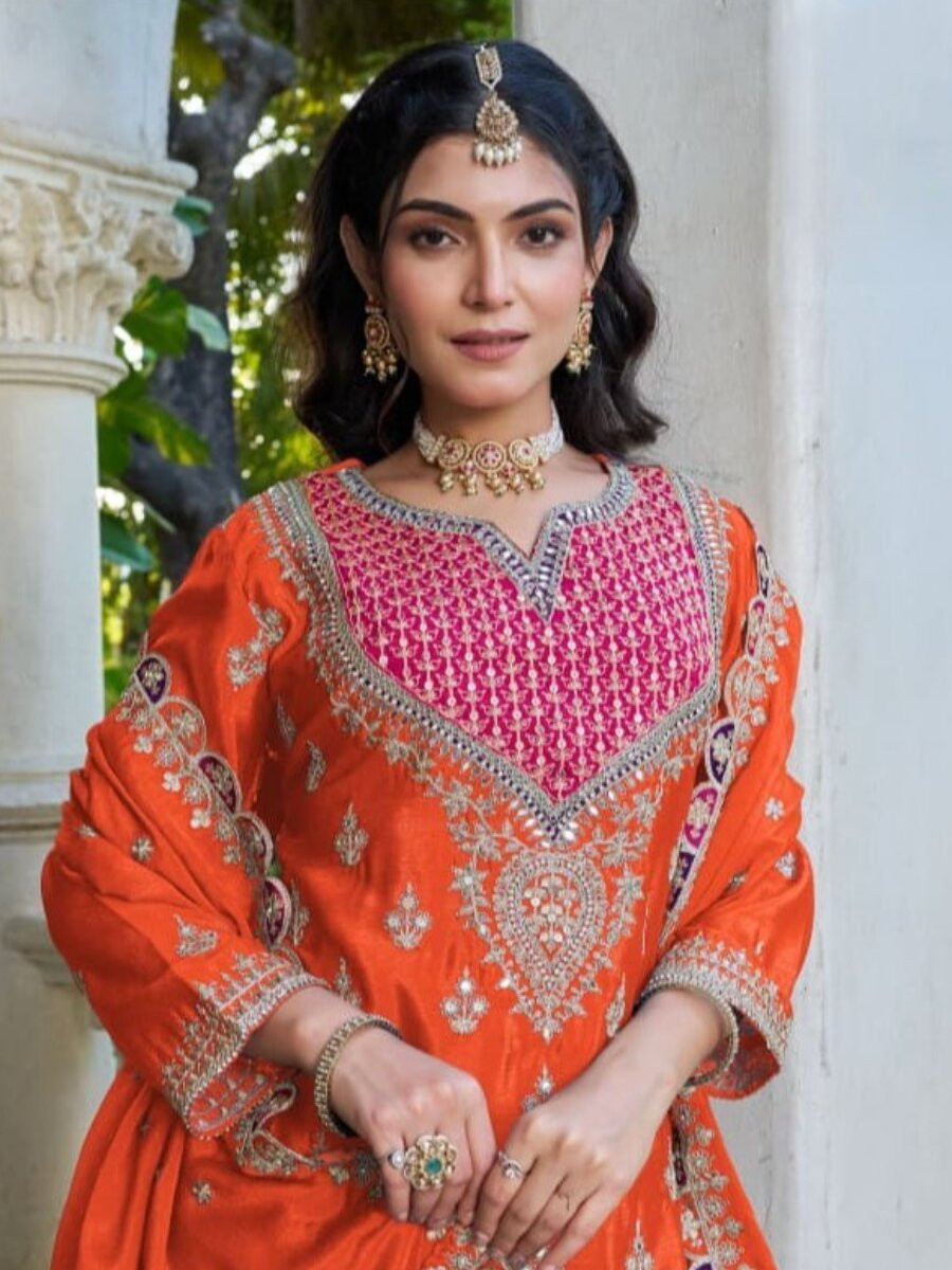 Orange Chinon Embroidery Sequins Wedding Party Festival Casual Ready Palazzo Pant Salwar Kameez