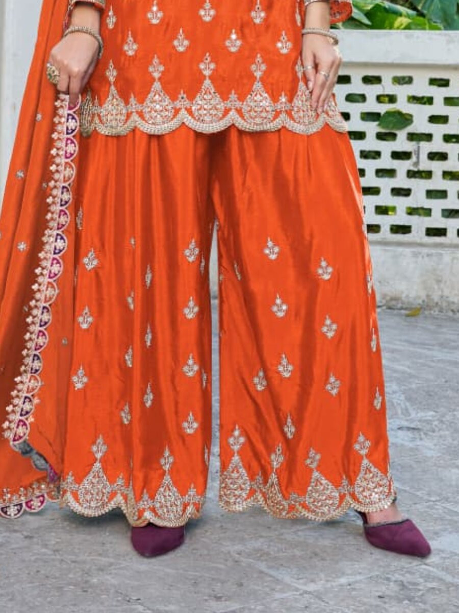 Orange Chinon Embroidery Sequins Wedding Party Festival Casual Ready Palazzo Pant Salwar Kameez