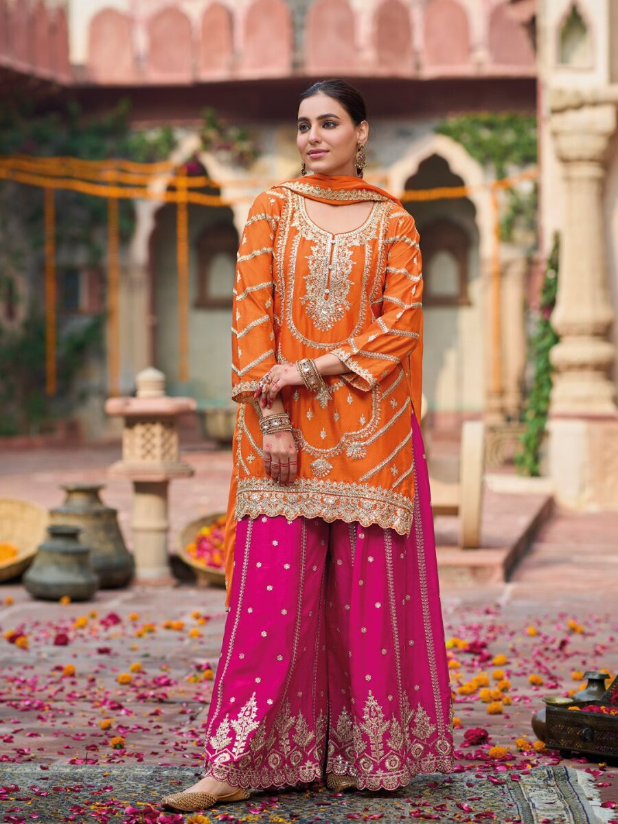 Orange Chinon Embroidery Sequins Wedding Party Festival Casual Ready Palazzo Pant Salwar Kameez