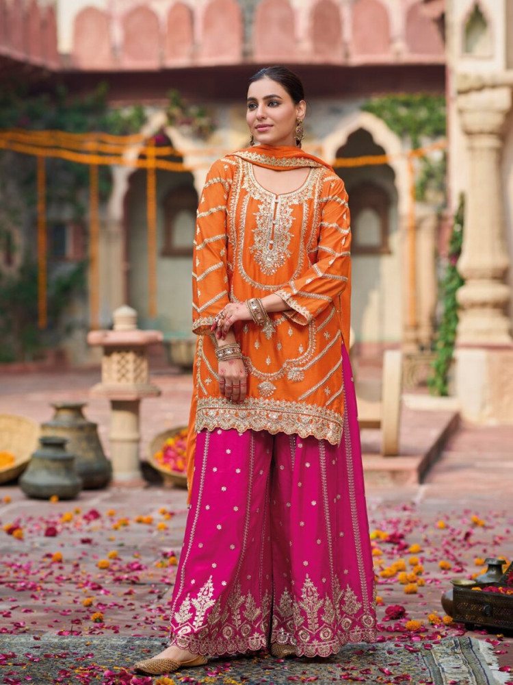 Image of Orange Chinon Embroidery Sequins Wedding Party Festival Casual Ready Palazzo Pant Salwar Kameez