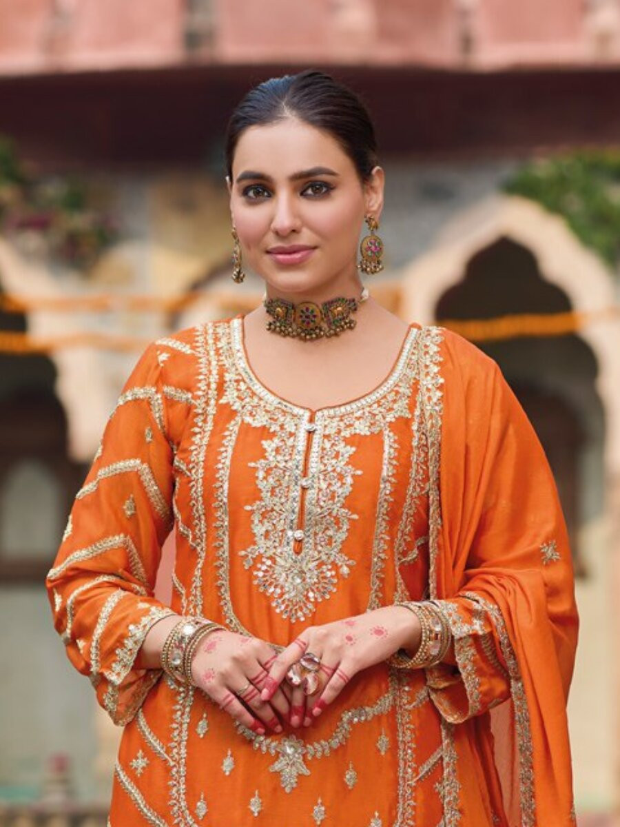 Orange Chinon Embroidery Sequins Wedding Party Festival Casual Ready Palazzo Pant Salwar Kameez
