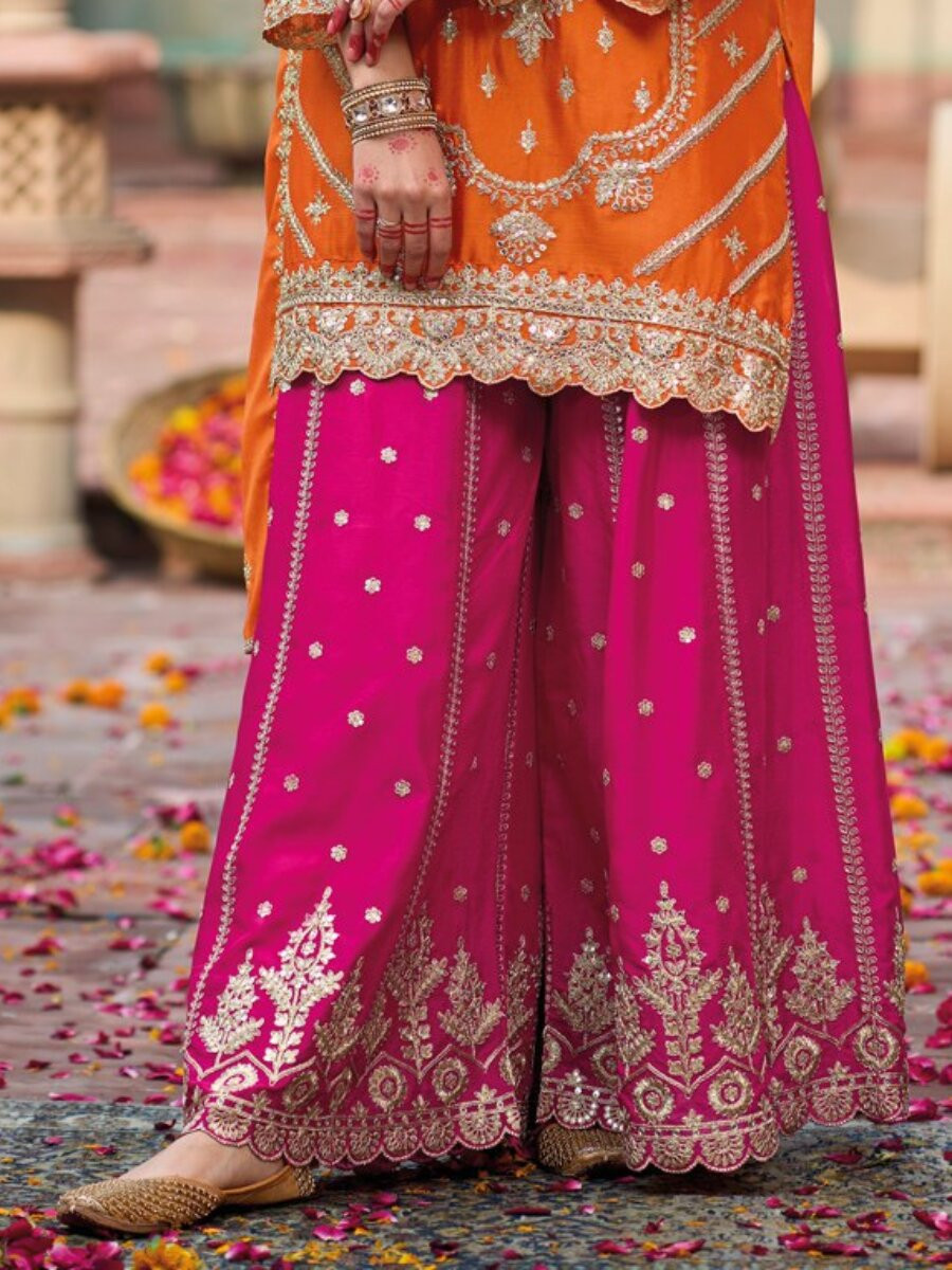 Orange Chinon Embroidery Sequins Wedding Party Festival Casual Ready Palazzo Pant Salwar Kameez