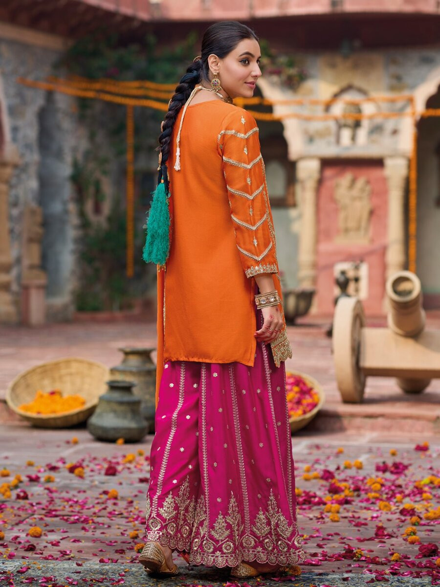 Orange Chinon Embroidery Sequins Wedding Party Festival Casual Ready Palazzo Pant Salwar Kameez