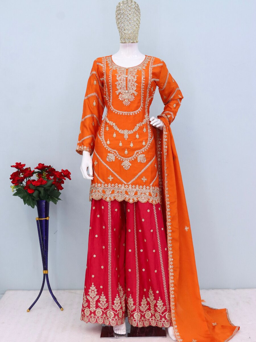 Orange Chinon Embroidery Sequins Wedding Party Festival Casual Ready Palazzo Pant Salwar Kameez